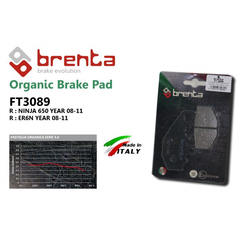 ผ้าเบรคหลัง Brenta FT3089 ORGANIC NINJA650 Y08-17, ER6N Y08-17