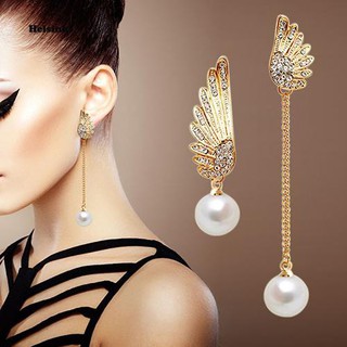 HEL_Women Chic Angel Wing Rhinestones Faux Pearl Dangle Asymmetric Earrings Eardrops