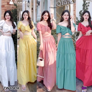 17414 set 2 ชิ้น เสื้อครอป แขนพอง อกโบว์ เชือกผูกเอว + กระโปรงยาว Crop top, puff sleeves drawstring waist + long skirt