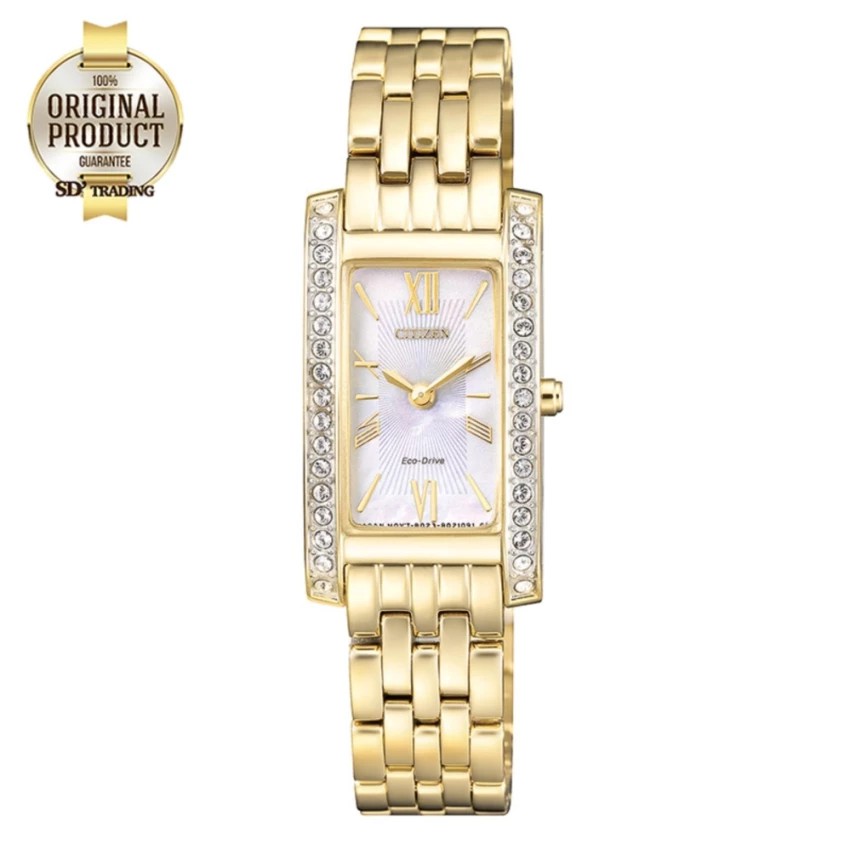 CITIZEN Eco-Drive Crystal Ladies Watch Stainless Strap 4เหลี่ยม รุ่น EX1472-81D - Gold/Pearl