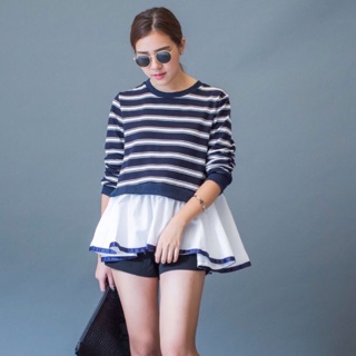 พร้อมส่ง เสื้อคอกลมลายขวาง แขนยาว จั๊มปลายแขน
