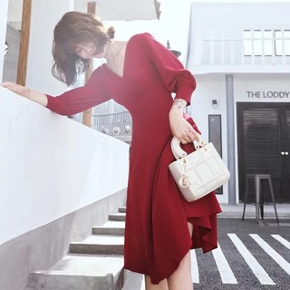 New พร้อมส่ง เดรสออกงาน เดรสเรียบหรู เดรสสีแดง ชุดเดรส เดรสคอวี แขนยาว-#-3
