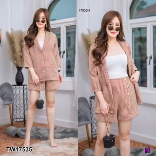 TW17535 Set #สาวอวบ เสื้อสูท แขน 3 ส่วน มีกระเป๋าหน้า ใส่คู่กับ กางเกงขาสั้น แต่งกระดุมหน้า เนื้อผ้าทวิต ทอลายชิโนริ