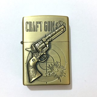 ไฟแช็ก ไฟแช็ค น้ำมัน แฟชั่น ลาย ปืนลูกโม่ CRAFT GUN สีทอง Lighter