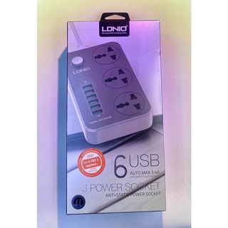 ปลั๊กUSB LDNIO  ปลั๊กไฟ 3 ช่อง รางปลั๊กไฟ 6 usb AUTO MAX 3.4A /  สาย 2 เมตร ปลั๊ก ปลั๊กไฟusb ปลั๊กพ่วง