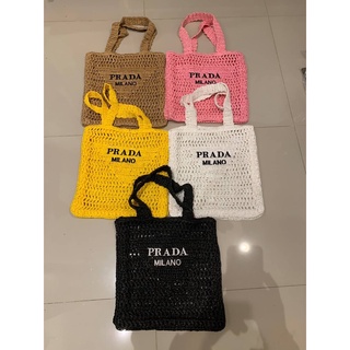 PRADA CROCHET RAFFIA KNIT TOTE BAG กระเป๋าถือ สะพายไหล่ แบรนด์ปราด้า ผ้าถักสาน โครเชต์ สามเหลี่ยม ตัวหนังสือโลโก้