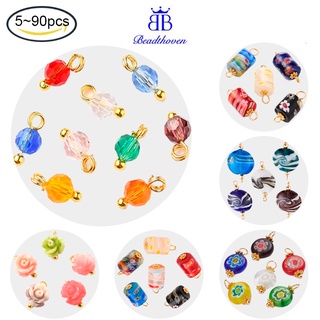 Beadthoven ลูกปัดแก้ว Millefiori แฮนด์เมด พร้อมหมุดเหล็ก สีทอง คละสี 20~20.5x9.5 มม. รู 3 มม. 5-90 ชิ้น
