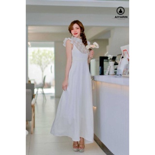 พร้อมส่ง🎊 S-4XL🪅 เดรสยาวสีขาว คอตั้ง อกลูกไม้ 🎑aiyarin