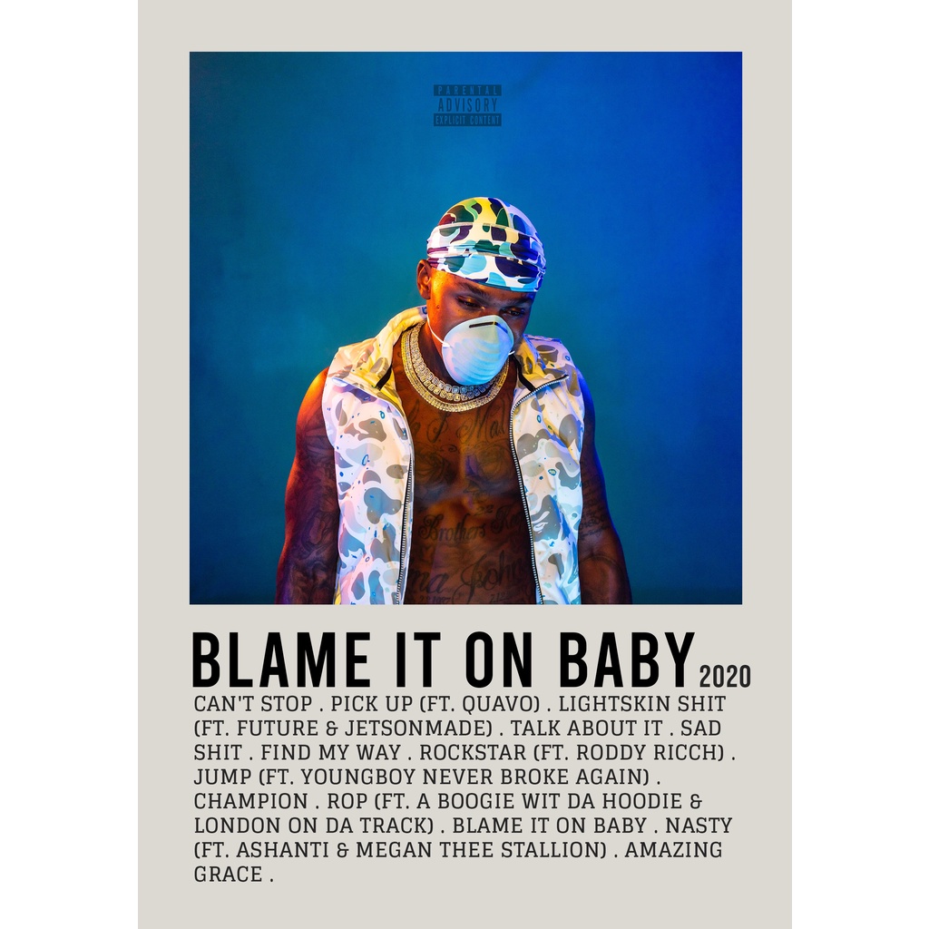 โปสเตอร์ปกอัลบั้ม BLAME IT ON BABY by DaBaby สําหรับห้องพัก/บาร์เบอร์ยิม