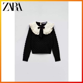 Zara 2022 เสื้อกันหนาว ผ้ากํามะหยี่ถัก ประดับโบว์ แฟชั่นฤดูหนาว สําหรับผู้หญิง