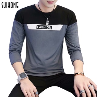 Suikone ฤดูใบไม้ผลิและฤดูใบไม้ร่วงใหม่เสื้อยืดแขนยาวผู้ชายเกาหลีพิมพ์บางพอดีแนวโน้มลำลองเย็บเสื้อด้านล่าง