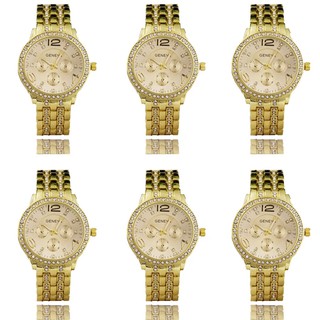 6 เรือน Poca Watch GENEVA New Watch 2017 นาฬิกาข้อมือแฟชั่นผู้ชาย ผู้หญิง Gold สาย Stainless รุ่น GBig2แถวGold