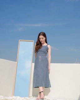 ชุดเข้าเซต แยกชิ้น Classic button skirt (Dark jean stripe)