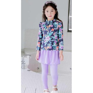 5003 สินค้ามาใหม่ ชุดว่ายน้ำลายดอกไม้สีม่วง สีสันสดใส สำหรับเด็ก เซ็ต 2 ชิ้น