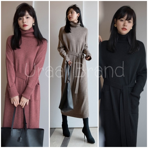 3 สี / อก 40-44 นิ้ว เดรสไหมพรมคอเต่า + โบว์คาดเอว รุ่น เดรสไหมพรมยาว Winter Dress - D9