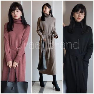 3 สี / อก 40-44 นิ้ว (พร้อมส่ง) เดรสไหมพรมคอเต่า + โบว์คาดเอว รุ่น เดรสไหมพรมยาว Winter Dress - D9