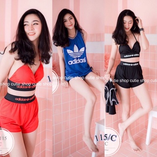 ES115  Set 3 ชิ้น Bikini บลาสายผูกคอ แต่งยางลายแบรนด์ + กางเกงแต่งแถบยางลายแบรนด์ เนื้อผ้า sports micro งานดีค่ะ มีเสื้อ