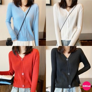 🎀Korean Fashion🎀เสื้อไหมพรม คอวี แขนยาว คาร์ดิแกน กระดุมใหญ่ สีพื้น มี 4 สี แฟชั่น