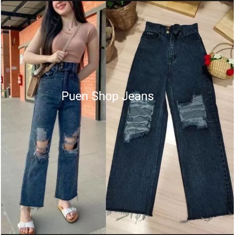 💥พร้อมส่ง🚚กางเกงยีนส์ ทรงสวยเอวสูงเก็บพุง แต่งขาดเข่า สีดำสโนว์ฟอก ใส่แล้วเพียว เนื้อผ้ายีนส์นิ่มใส่สบาย