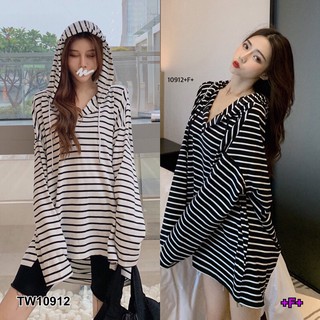 TwinsShopVip💗พร้อมส่ง TW10912 เสื้อลายริ้วมีฮู้ด เว้าหลัง