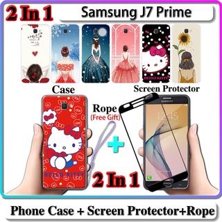 2 IN 1 เคส Samsung J7 Prime พร้อมกระจกนิรภัยกันรอยหน้าจอโค้ง เซรามิค สําหรับเด็กผู้หญิง และคิตตี้