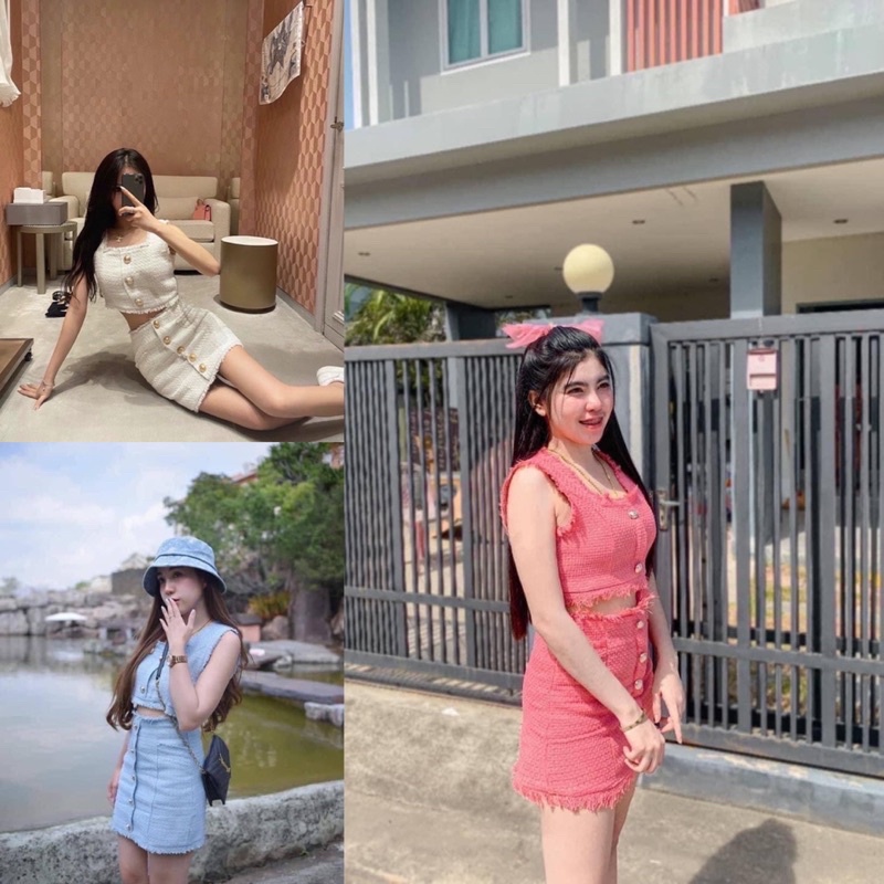 Set2ชิ้น เสื้อครอปผ้าทวิต + กระโปรงสั้น กระดุมทอง แต่งกระเป๋า ป้าย Hello shop