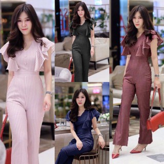 👗Pfashion [ส่งไว!!🚛] P9619 Jumpsuit จั้มสูทไหล่ระบายลายริ้ว  Jumpsuit Striped off shoulder jumpsuit.