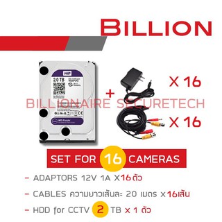 SET อุปกรณ์สำหรับกล้องวงจรปิด 16 ตัว : อแดปเตอร์ 16 ตัว + สายสัญญาณสำเร็จรูปความยาวเส้นละ 20 เมตร 16 เส้น + HDD 2 TB