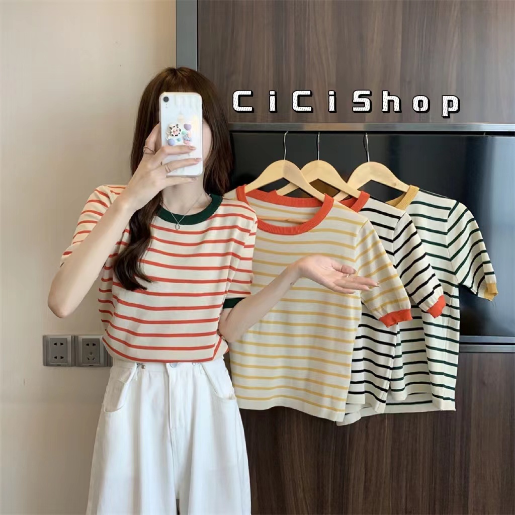 Cicishop(SALE Y1052)เสื้อแขนั้นไหมพรม ลายทาง สีสัน น่ารักสดใส  สไตล์โคเรียมากๆ