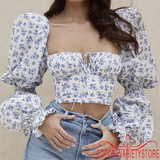 TOPQ-Women´s Elegant Long Sleeve Low-cut Crop Top with Floral Pattern