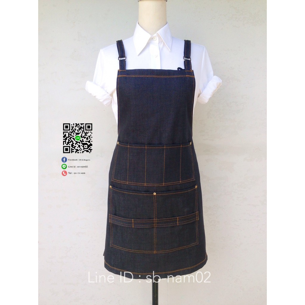 พร้อมส่ง ผ้ากันเปื้อนยีนส์สีเข้ม กระเป๋าหลายช่อง ตัดผมวินเทจ Black Jens Apron สายไขว้หลัง