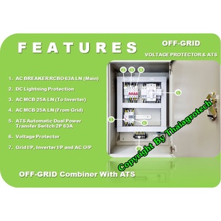 Off-grid Combiner Box มี Voltage Protector ป้องกันแรงดันไฟเกิน และ ATS สลับแหล่งจ่ายไฟฟ้า เหมาะสำหรับเป็นระบบสำรองไฟ