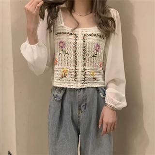 เสื้อไหมพรมปักลายดอก แขนยาว แขนผ้าชีฟอง เสื้อไหมพรมสไตล์เกาหลี (YM620)