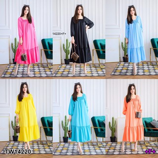 J14220 Maxi Dress #สาวอวบ เดรส ทรงปล่อย สม็อคอก แขนยาว