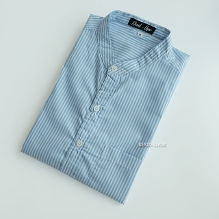 CAMISA BRAND เชิ้ตคอจีน ริ้วฟ้า(Y32) ผ้าCotton เสื้อทำงาน เสื้อใส่เที่ยว ฟ้า