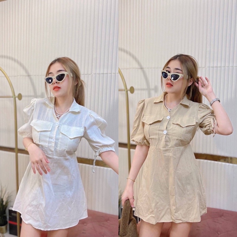 camping มินิเดรสคอปกกระเป๋าคู่แขนจั๊ม ชุดแคมป์ปิ้ง ชุดซาฟารี