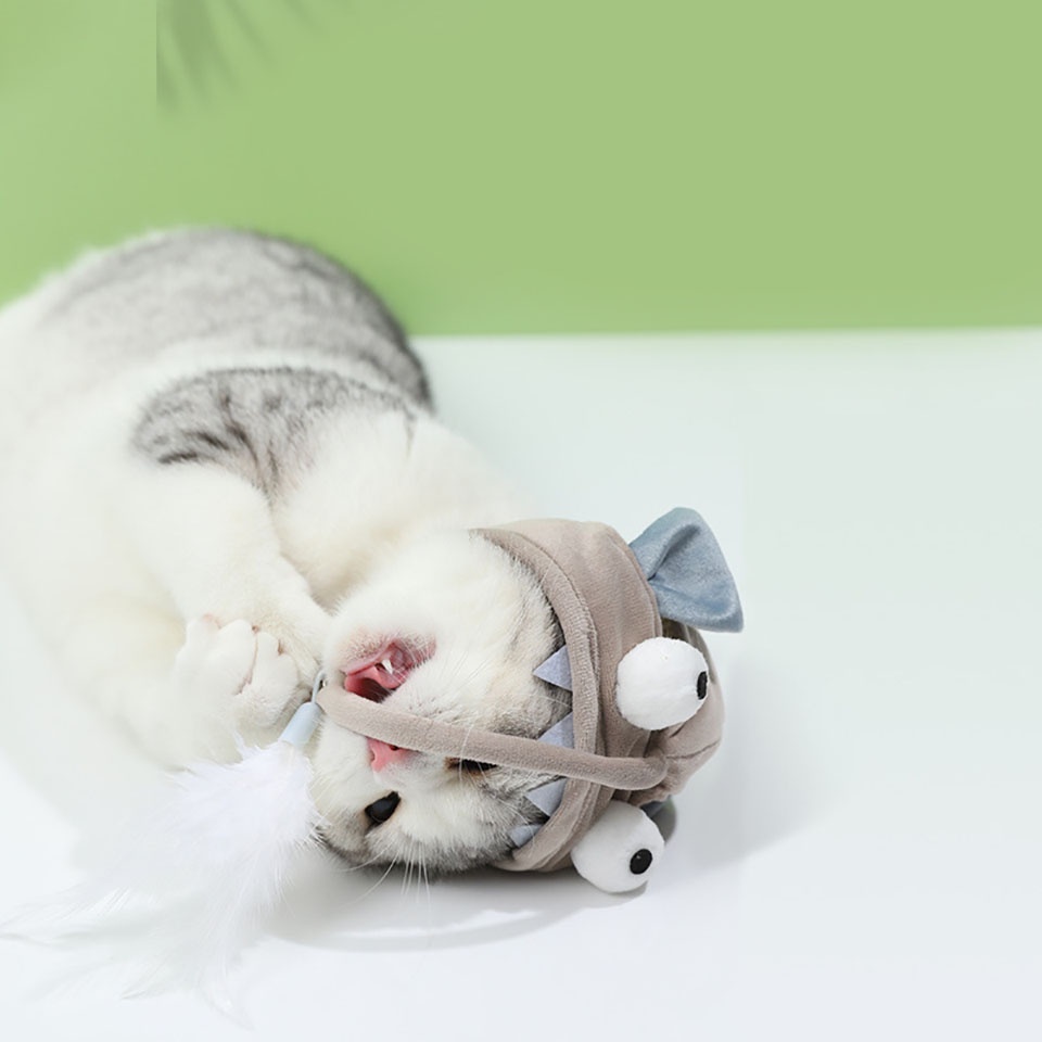 Kitten Fishing Head Wearing Funny Cat Stick Cute Feathers Bait Fishing