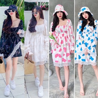 Yunaka ชุดเซ็ต 3 ชิ้น สาวมินิ ใส่ได้ เสื้อมินิเดรส กางเกงขาสั้น หมวกบัคเก็ต Oversize สาวมินิ สาวอวบ ใส่ได้ อก 44 เอว 38