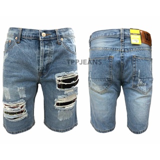 JEANSEXPRESS UT Shorts Denim กางเกงยีนส์ขาสั้นชายสีบลูฟอกซีด แต่งขาด เป้ากระดุม Size 28-36 รับชำระปลายทาง