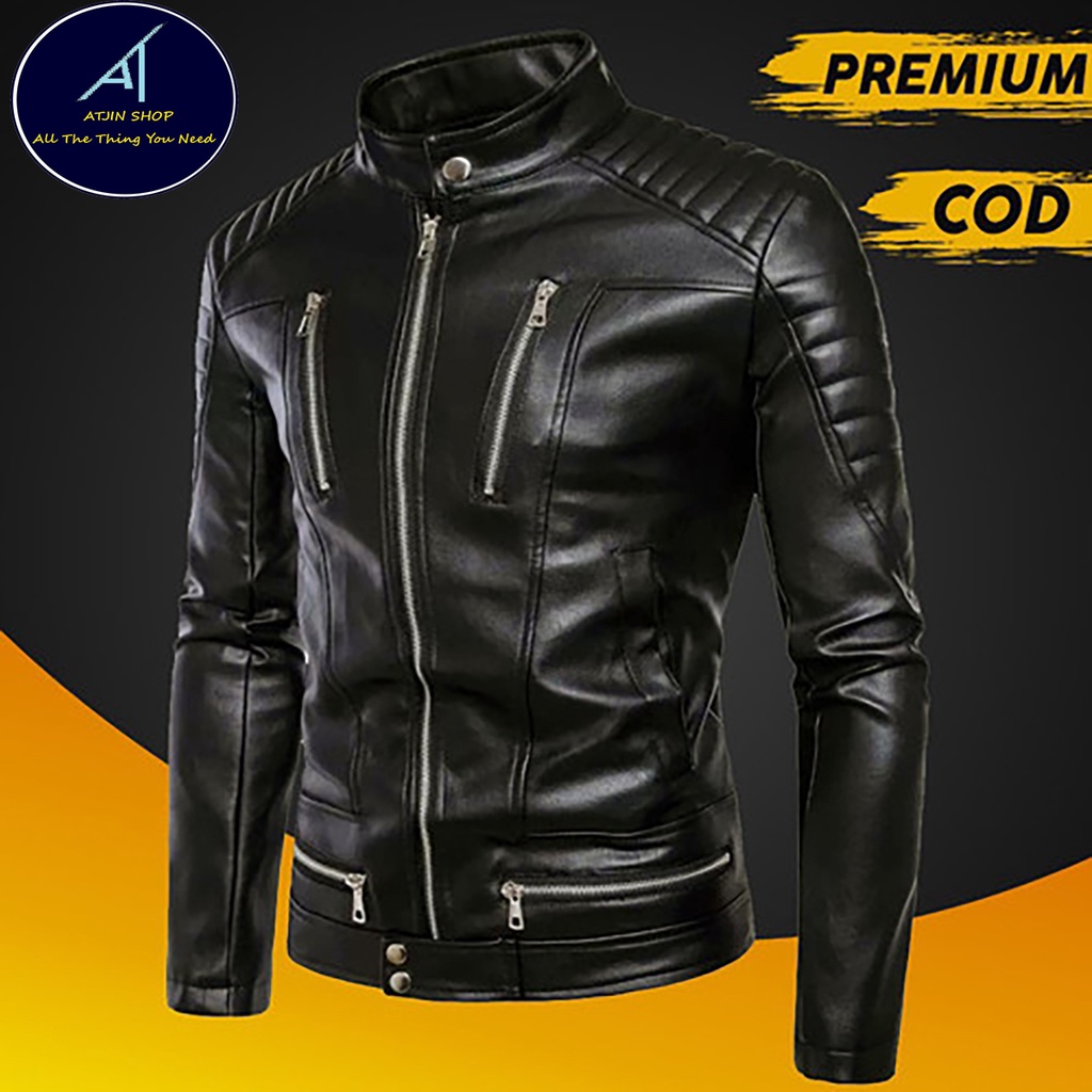 Mens Semi-Leather Motorcycle Touring Jacket Premium Biker Board Man Model (BBM) วัสดุ Vienna 100% [Full Black/Full Brown]