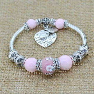 S10-สร้อยข้อมือจี้เงินกับจี้หัวใจสีชมพูแก้วมูราโน่ - Bracelet-Pink