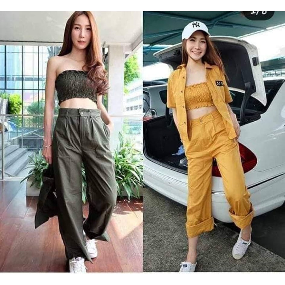กางเกงวินเทจ ขากระบอกเอวสูง กระดุมหน้า