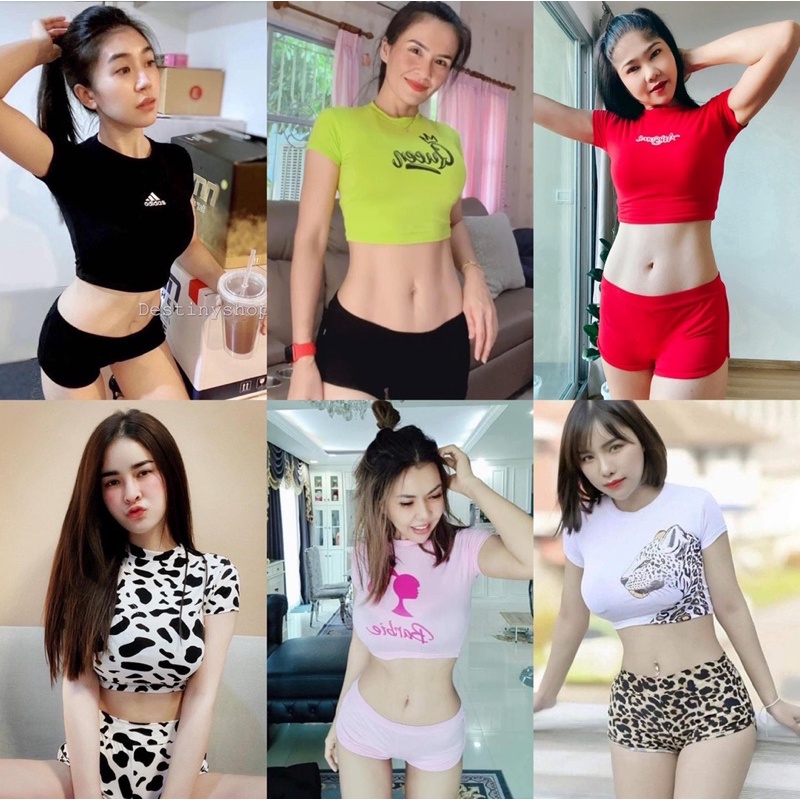 เสื้อครอปเอวลอย ชุดออกกำลังกายขาสั้นสีสันสดใส