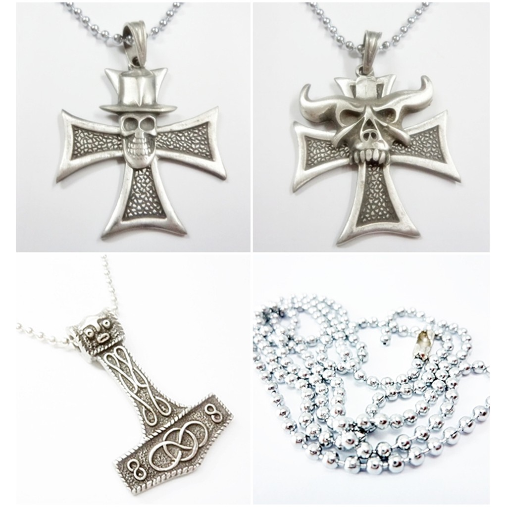 สร้อยคอพร้อมจี้พิวเตอร์ pewter กากบาท หัวกะโหลก วงดนตรี Cross Cowboy Skull Buffalo Skull Hammer Thor