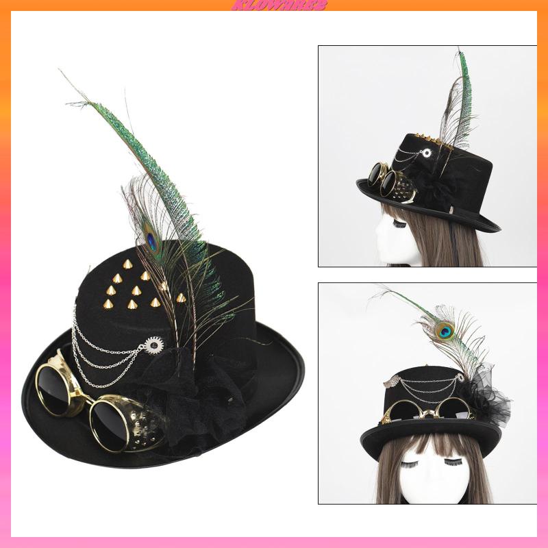 Victorian Steampunk Top Hat with Goggles Feather Classic for Adult Dress up #5