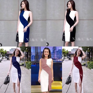 TwinsShopVip💗พร้อมส่ง TW9356 เดรสแขนกุดทูโทน Two tone sleeveless dress