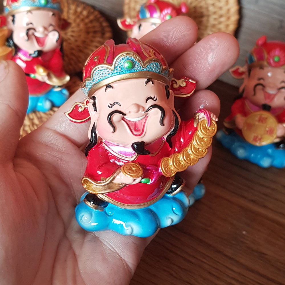 CHIBI STATUE OF GOD OF WEALTH HOLDING GOLD COINS 7.5CM