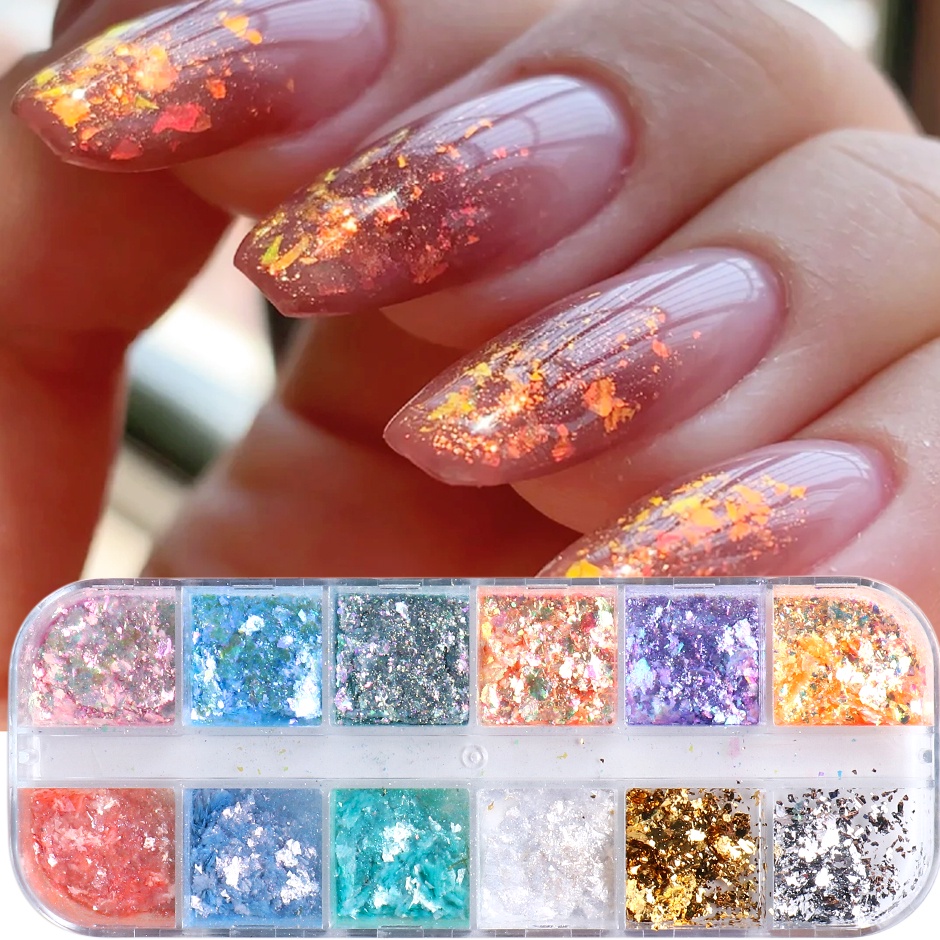 Holographic Opal Flakes สําหรับเล ็ บ Glitter โปร ่ งแสง Aurora Paillettes Pigment Gold Leaf Shiny Sparkle Sequins ตกแต ่ งเล ็ บ