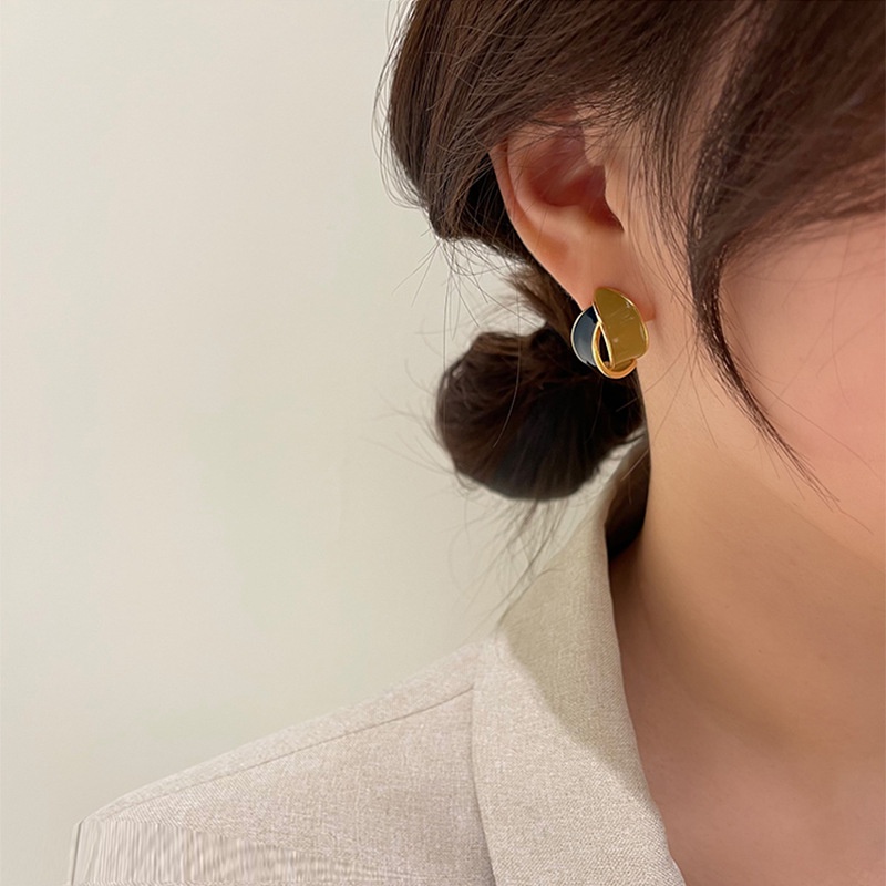 2022 สองสี 925 เข็มเงินเรขาคณิตเรียบง่าย สองเท่า ส่วนโค้ง ต่างหูหยดน้ํามัน - รูปที่ 2