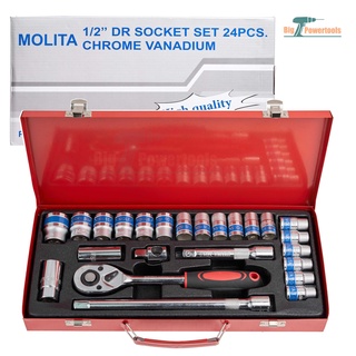 Molita ชุดเครื่องมือ ประแจ ชุดบล็อก 24 ชิ้น ขนาด 1/2 (4หุน) ชุดเครื่องมือช่าง ชุดซ่อมรถยนต์ Sliding T bar รุ่นใหม่